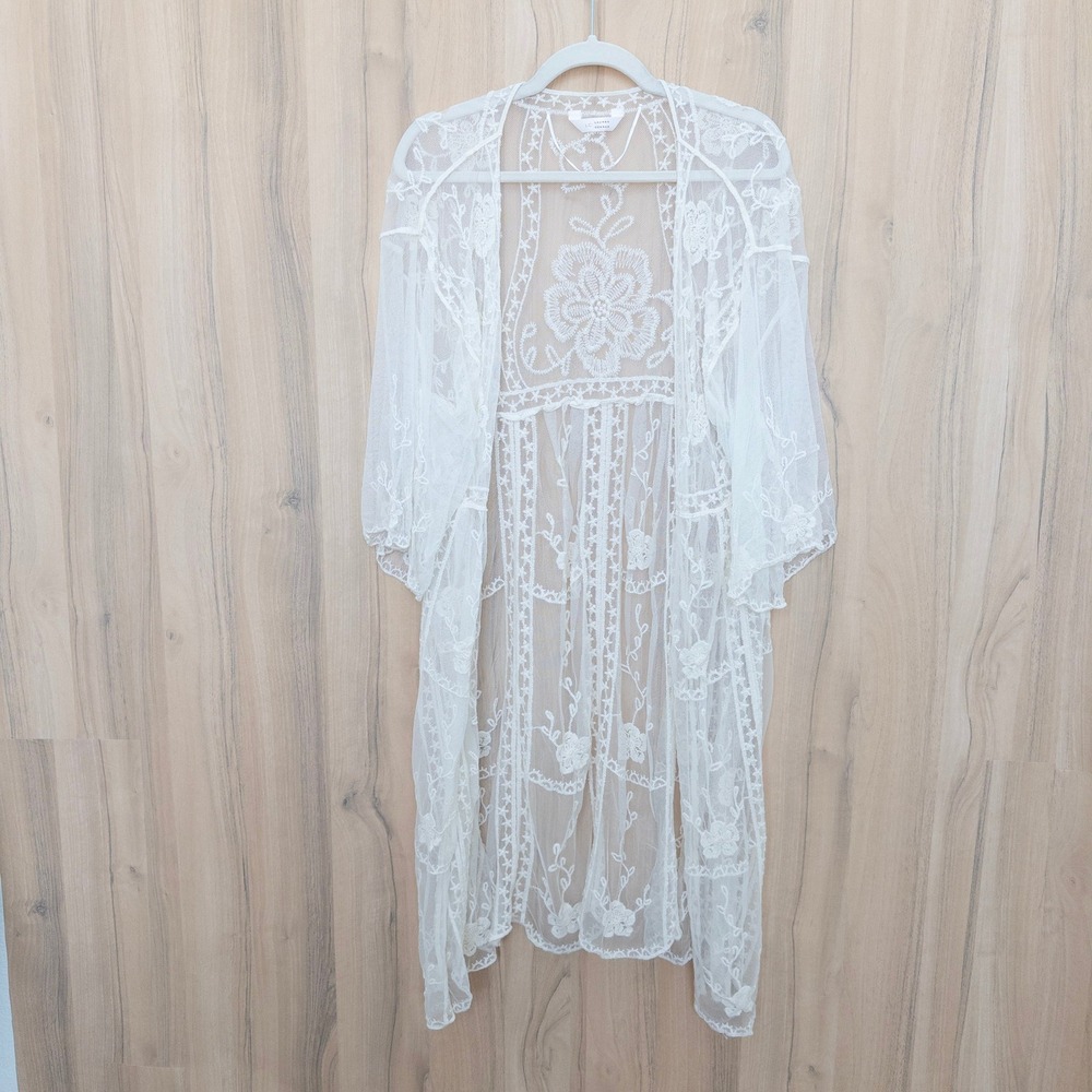 Lauren Conrad Women Lace Sheer Kimono OS White Floral Embroidered Festival Fairy